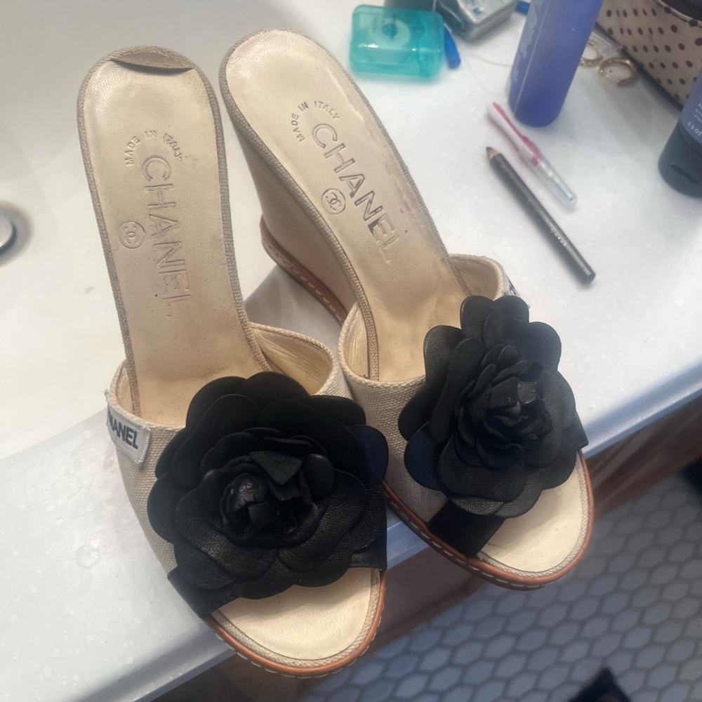 CHANEL camellia embellished wedge slide sandal